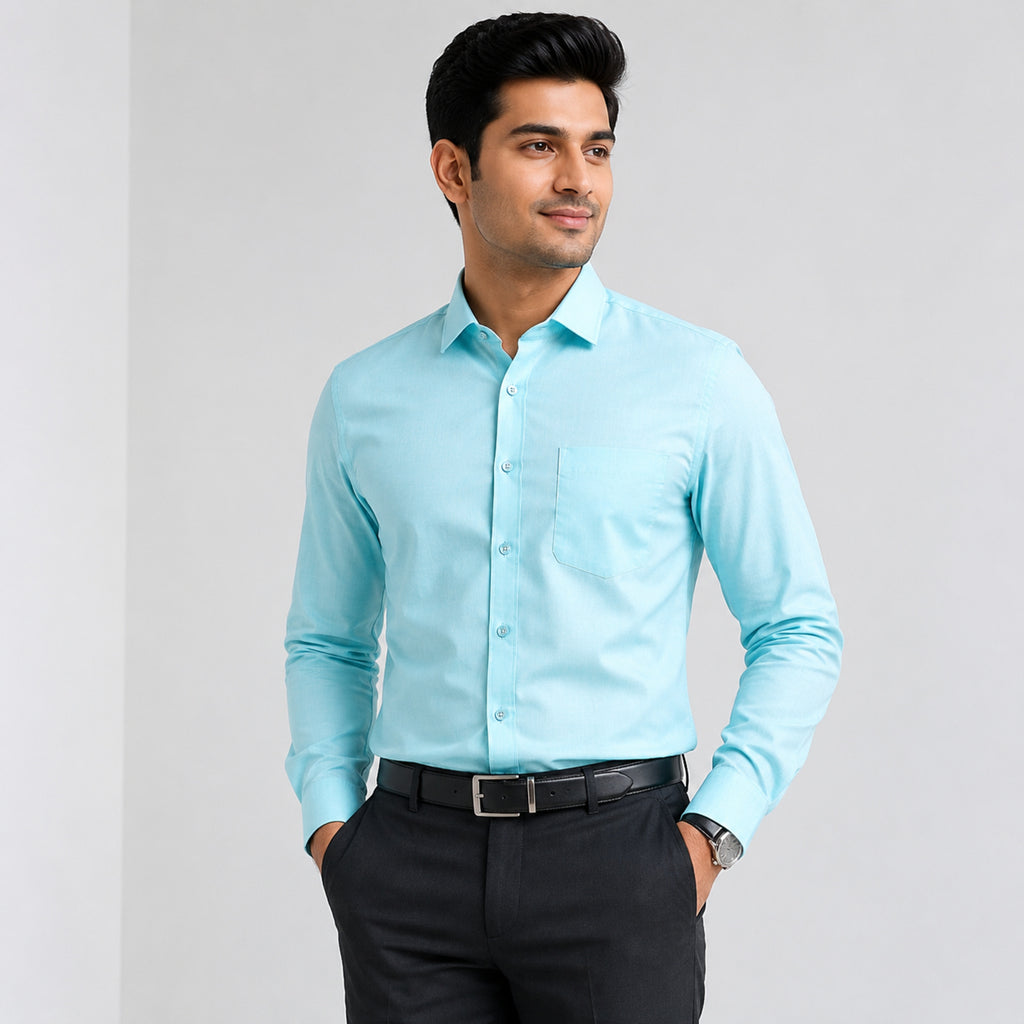 Men's Sky Blue Solid Formal Cotton Shirt-2