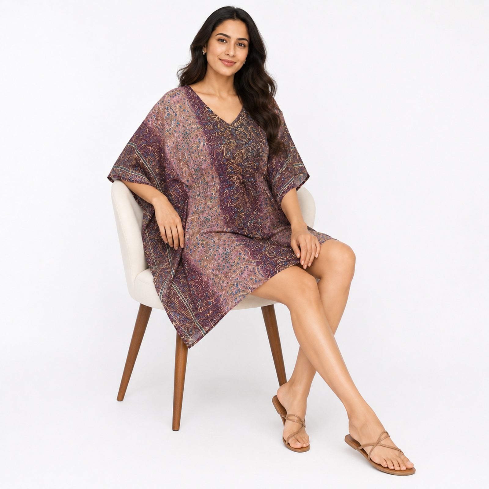 Women's Pink Paisley Border Print Short Kaftan Dress-2