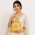 Women's Yellow Embroidered Potli Bag with Pearl Handle-1