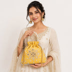 Women's Yellow Embroidered Potli Bag with Pearl Handle-1