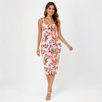 Women's White Floral Printed Sleeveless Bodycon Midi Dress | Square Neck Slim Fit Casual Party Dress-1
