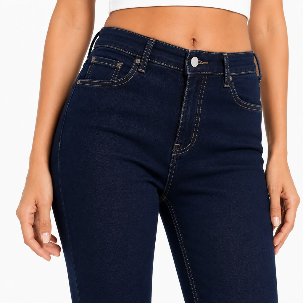 Women's Navy Blue High-Rise Flared Denim Jeans with Contrast Stitching-2