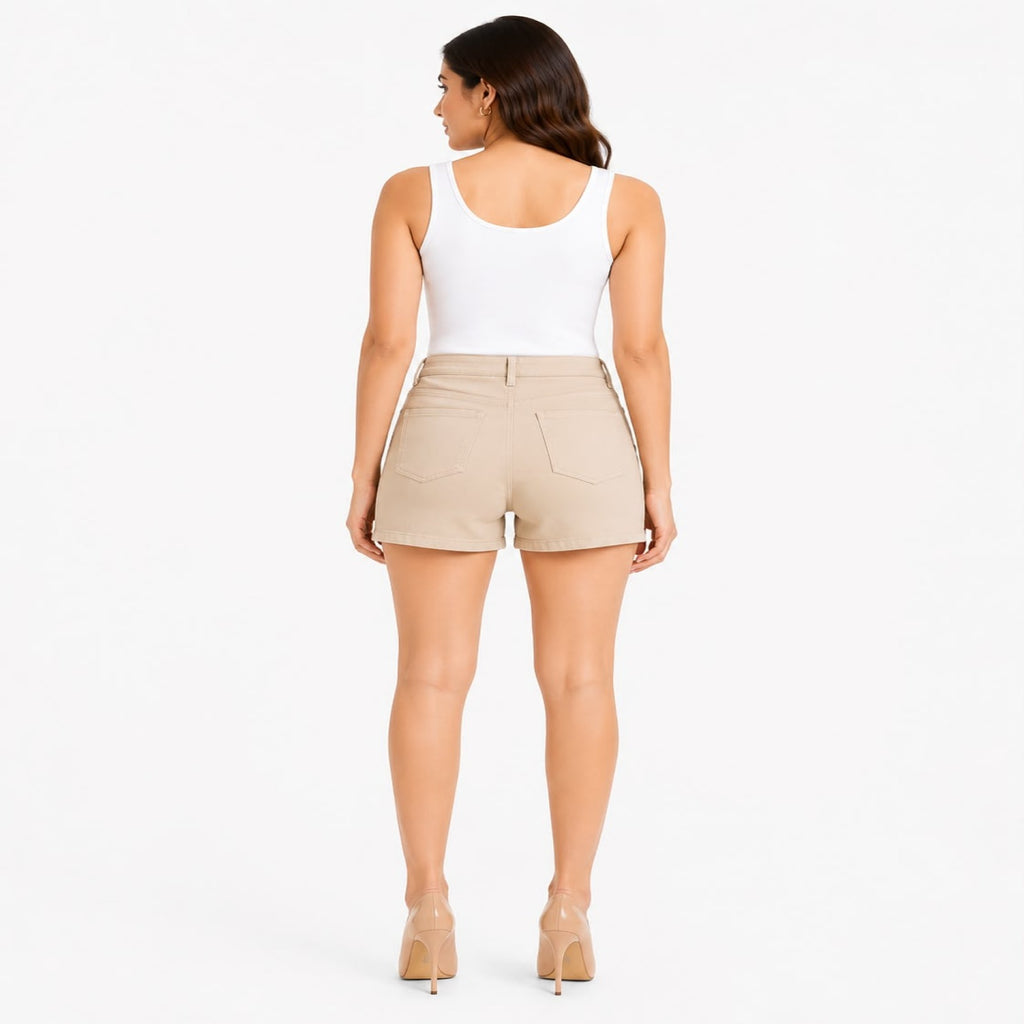 Women's Beige High-Rise Casual Shorts with Five-Pocket Design-4