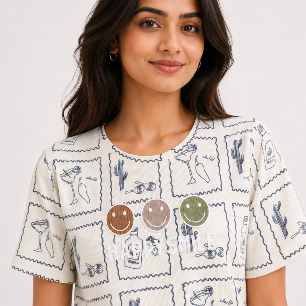 Women's Cream Graphic Printed Cotton Blend Casual T-Shirt | Trendy Smiley & Sketch Print Everyday Top-3