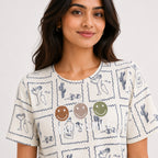 Women's Cream Graphic Printed Cotton Blend Casual T-Shirt | Trendy Smiley & Sketch Print Everyday Top-3