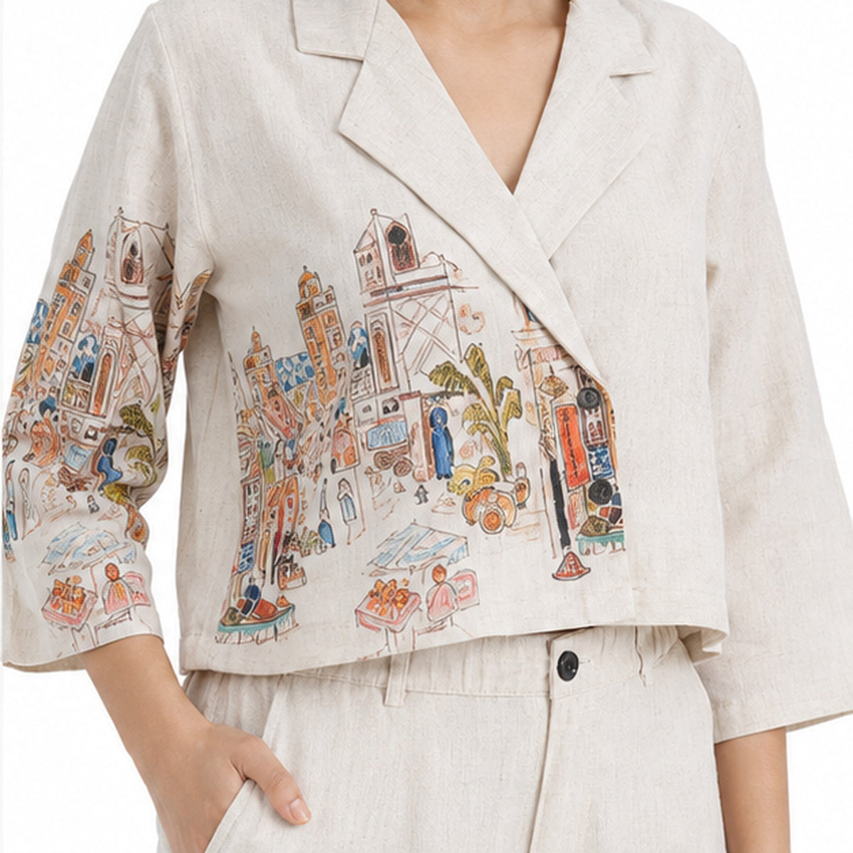 Women’s Ivory Printed Cropped Blazer Wide-Leg Pants Set-4