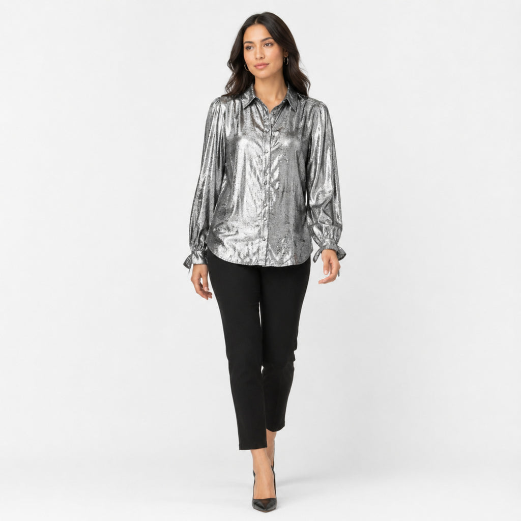 Women's Silver Metallic Button-Down Shirt | Collared Full Sleeve Party & Casual Top-1