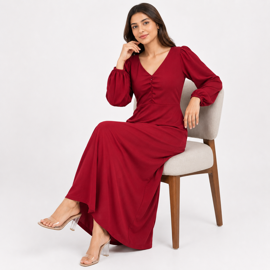 Women's Maroon Solid V-Neck Gathered Front Maxi Dress with Full Puff Sleeves-1