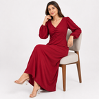 Women's Maroon Solid V-Neck Gathered Front Maxi Dress with Full Puff Sleeves-1