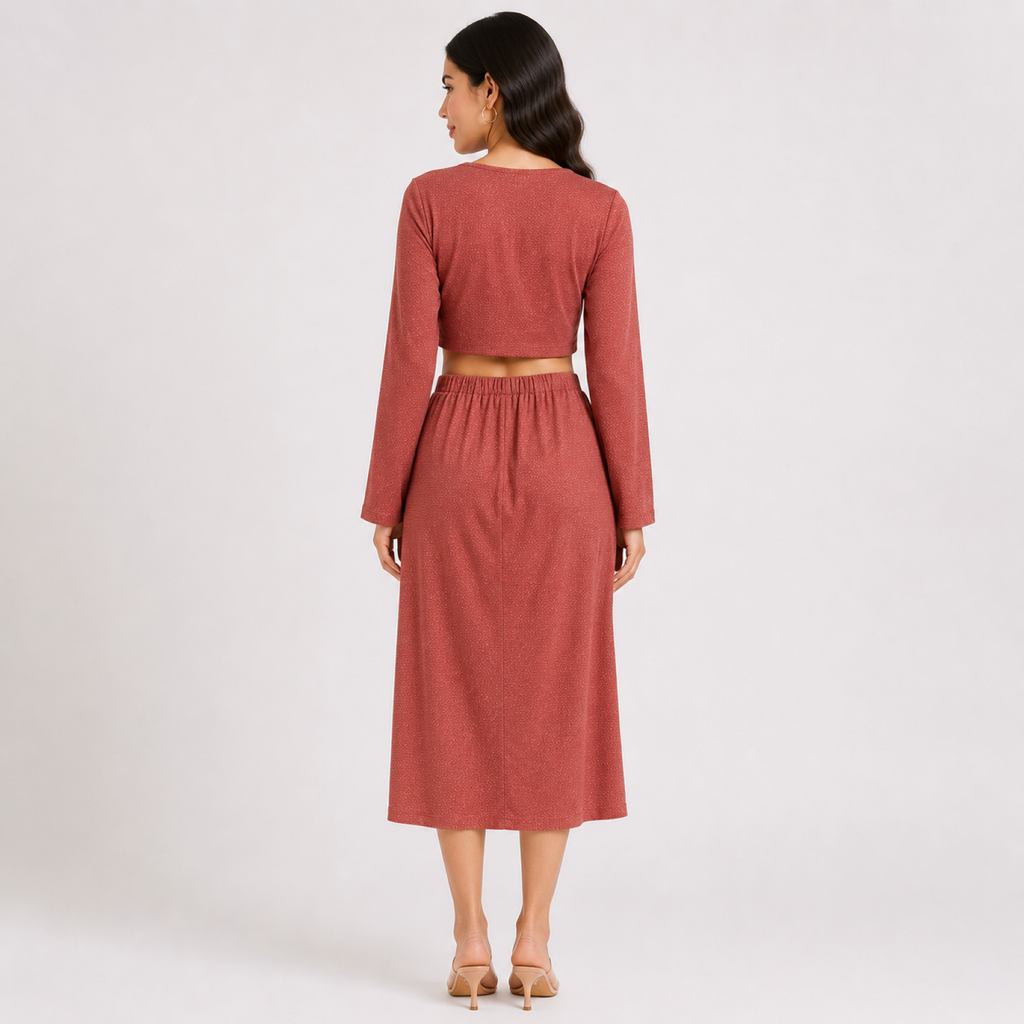 Women's Rust Solid Long Sleeve Crop Top & Twist Front Midi Skirt Co-Ord Set-1