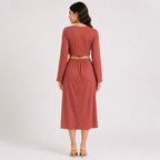 Women's Rust Solid Long Sleeve Crop Top & Twist Front Midi Skirt Co-Ord Set-1
