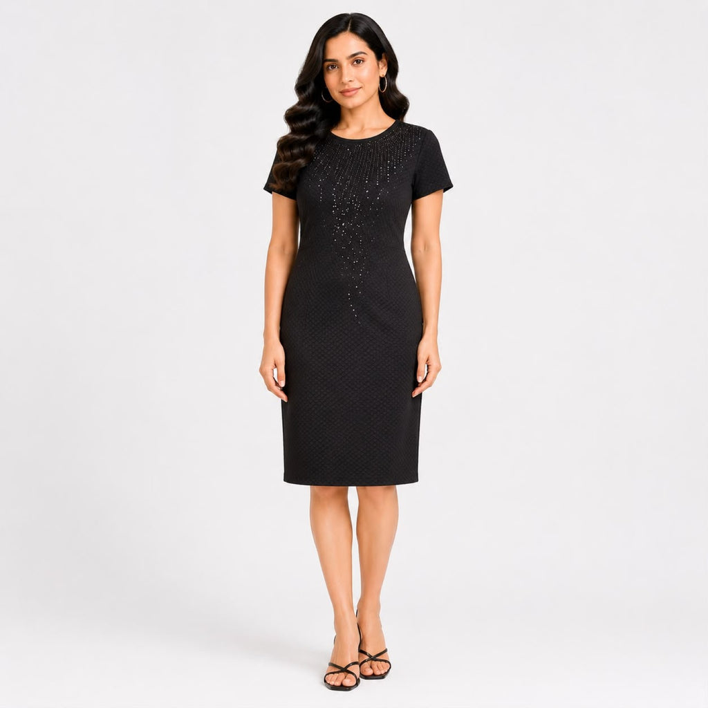 Women's Alluring Little Black Textured Sheath Dress with Shimmering Bodice-1
