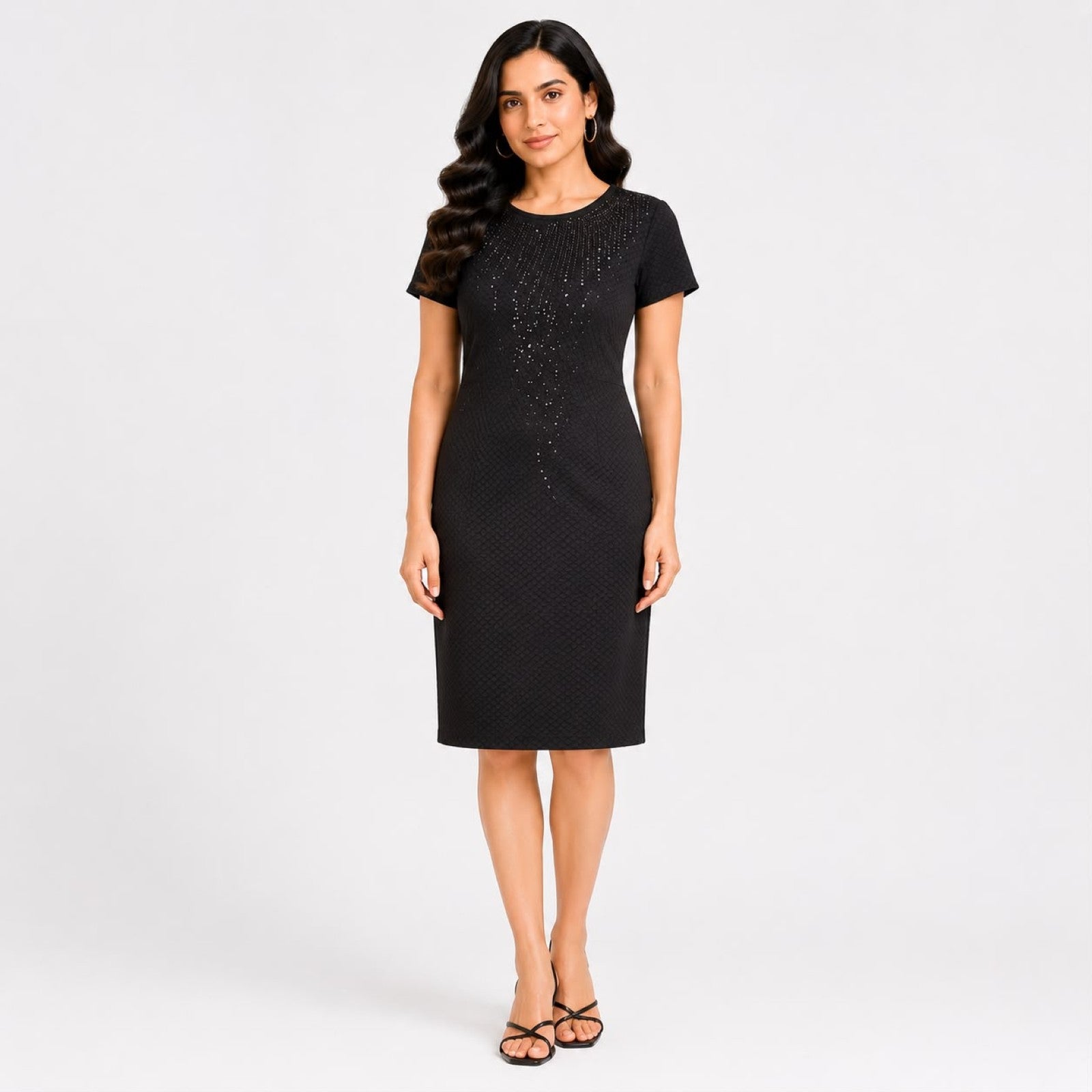 Women's Alluring Little Black Textured Sheath Dress with Shimmering Bodice-1