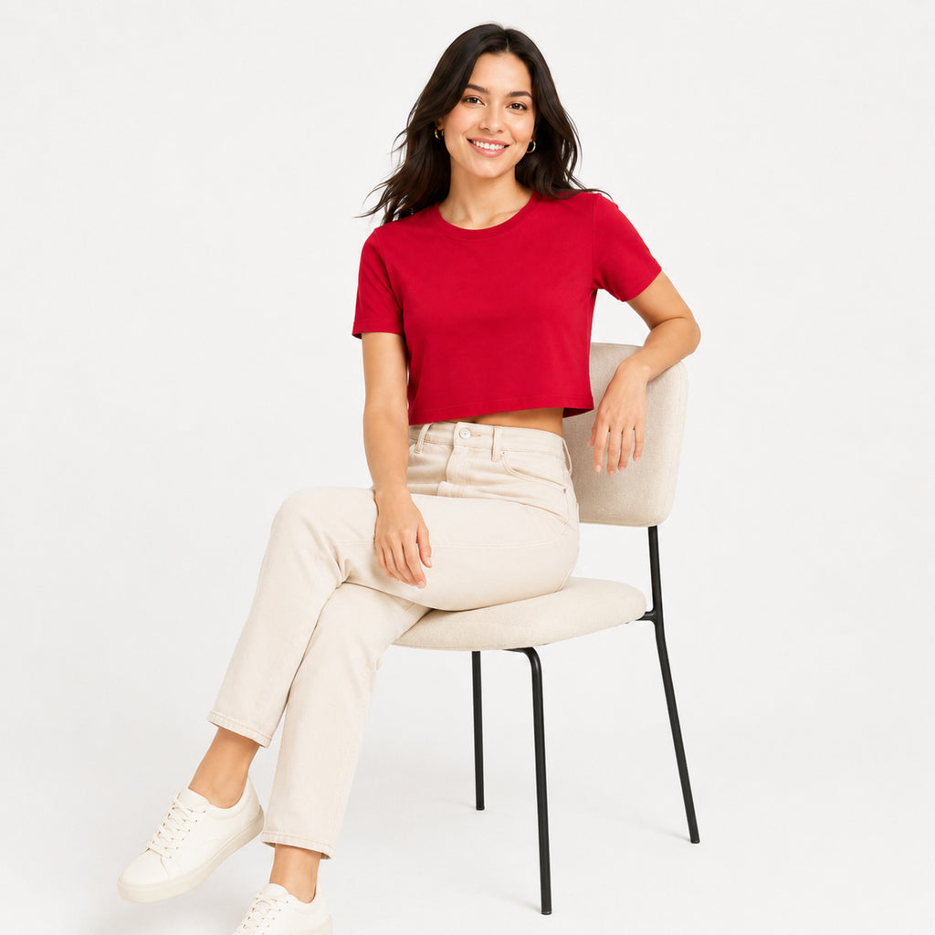 Women's Red Crew Neck Short Sleeve Boxy Crop T-Shirt | Solid Casual Crop Tee-3