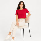 Women's Red Crew Neck Short Sleeve Boxy Crop T-Shirt | Solid Casual Crop Tee-3