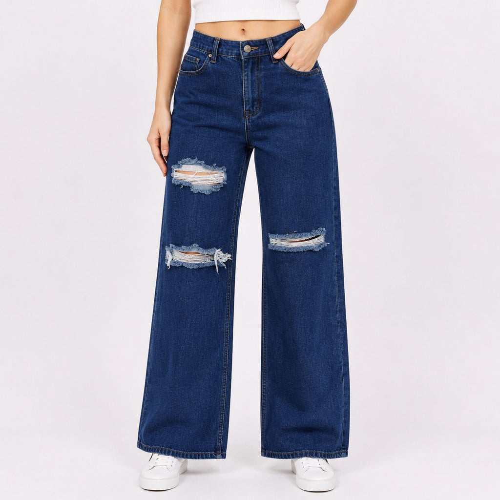 Women's Sleek High-Waist Wide-Leg Distressed Dark Blue Denim Jeans-1