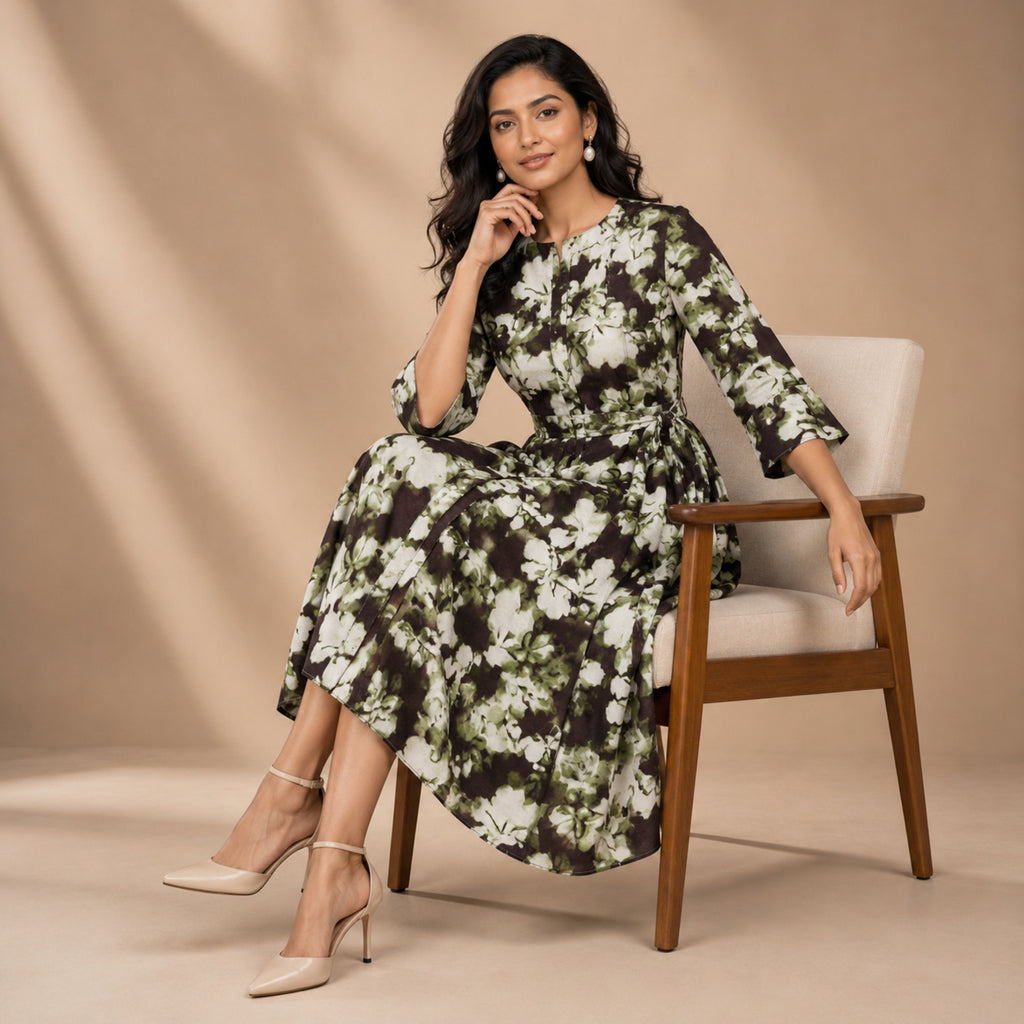 Women's Elegant Floral Print A-Line Midi Dress with Tie-Up Belt-3