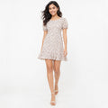 Women's Beige Floral Print Square Neck Puff Sleeve Mini Dress | Fit and Flare Casual Dress-1