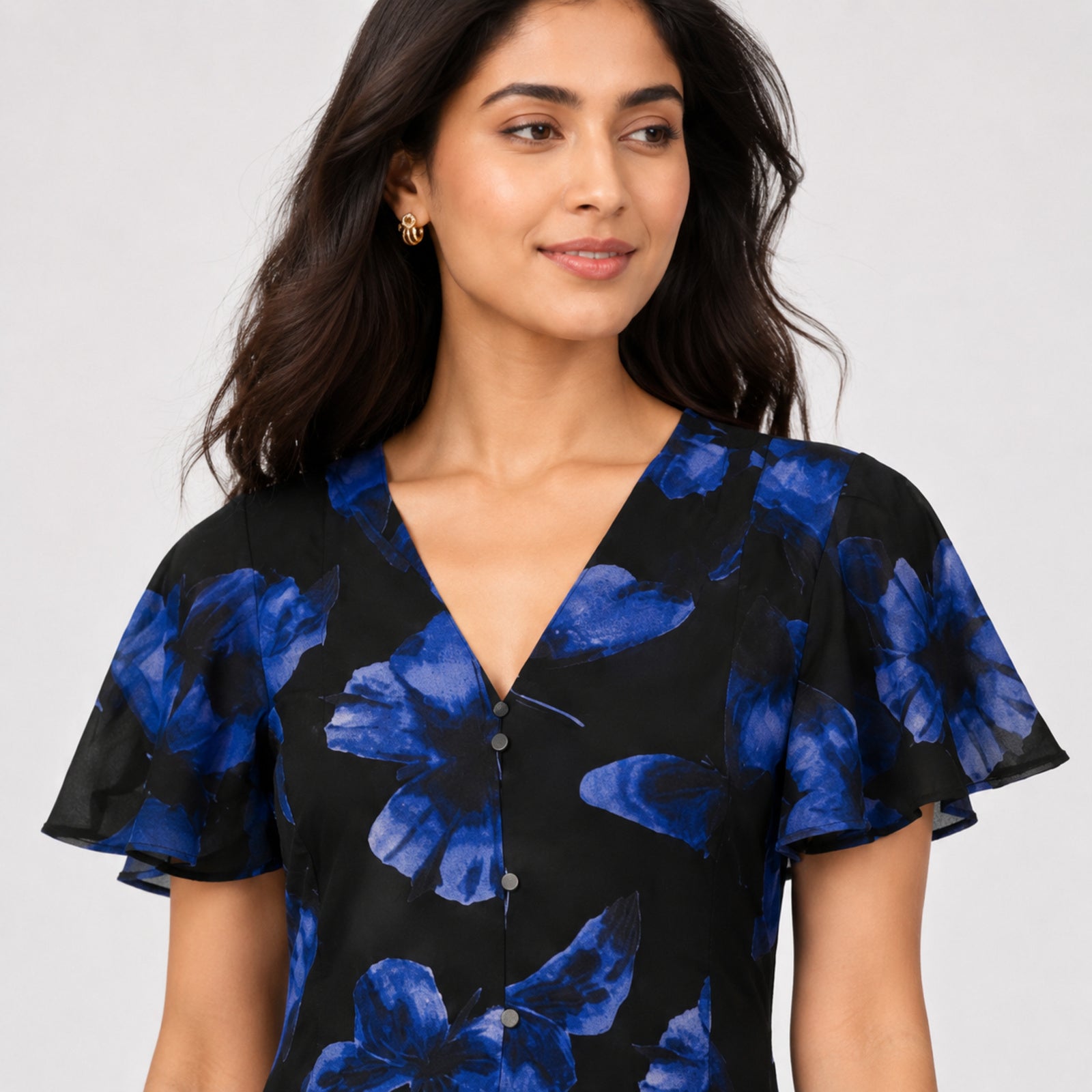 Women's Blue Floral Button-Front Midi Dress with Flutter Sleeves-3