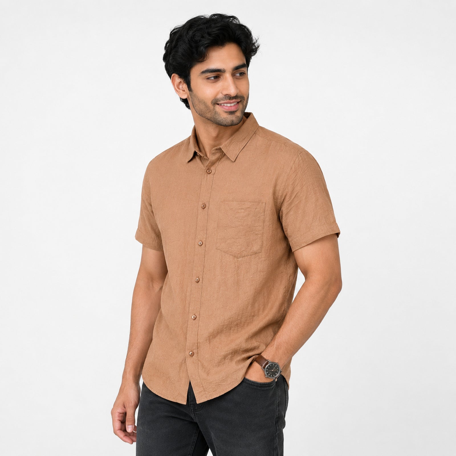 Men's Rustic Brown Textured Half Sleeve Casual Shirt-2