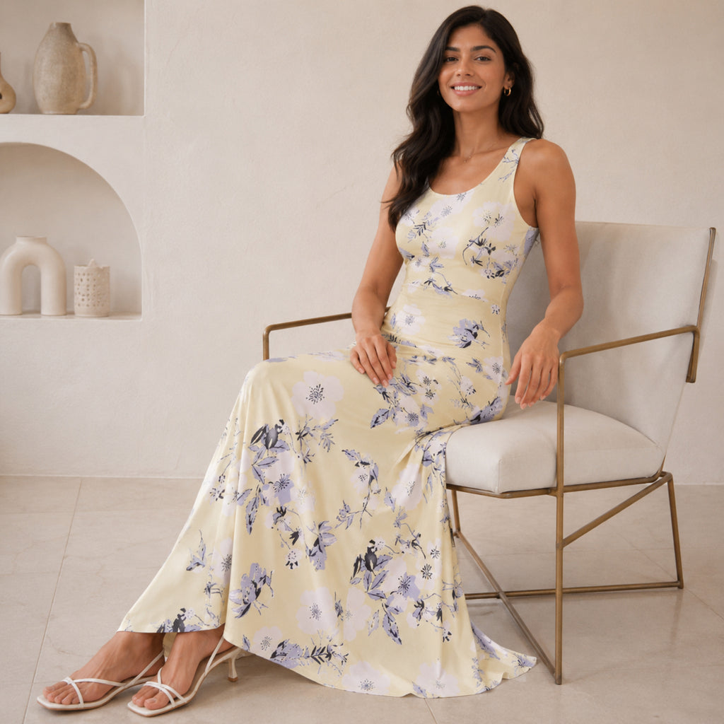 Women's Yellow Floral Printed Sleeveless Maxi Dress-2