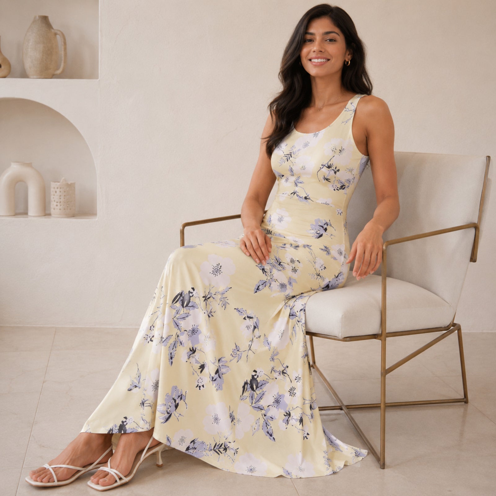 Women's Yellow Floral Printed Sleeveless Maxi Dress-2