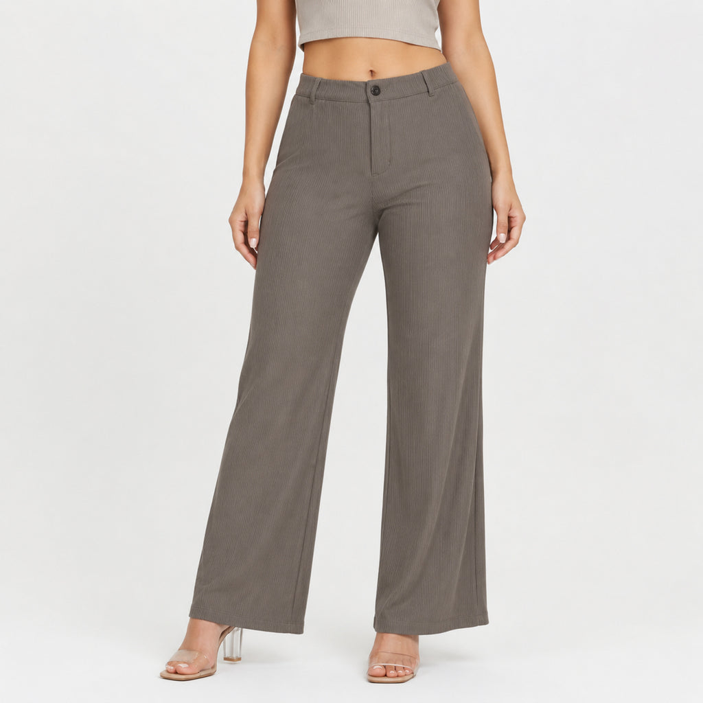 Women's Elegant Light Brown Ribbed Wide Leg Lounge Trousers-1