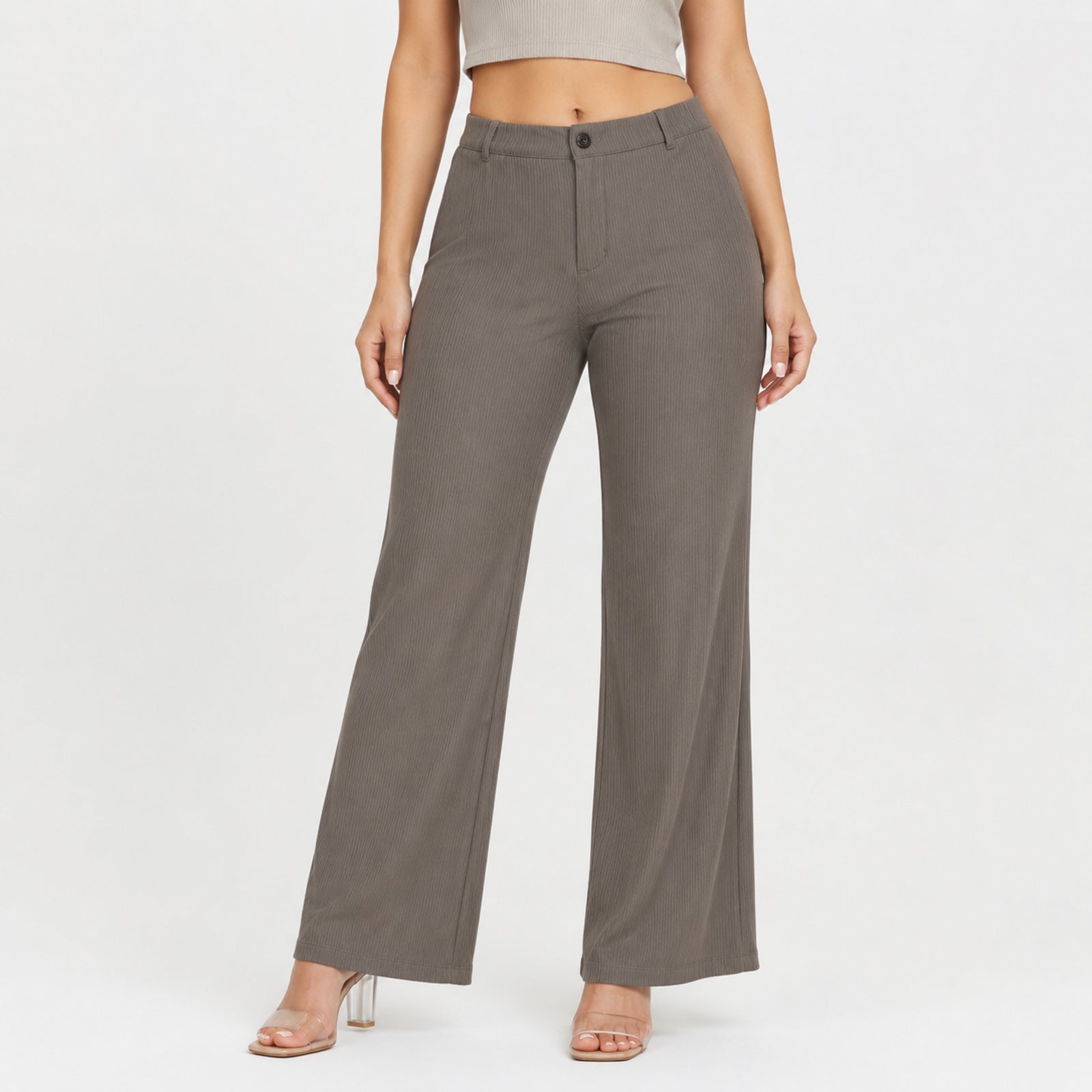 Women's Elegant Light Brown Ribbed Wide Leg Lounge Trousers-1