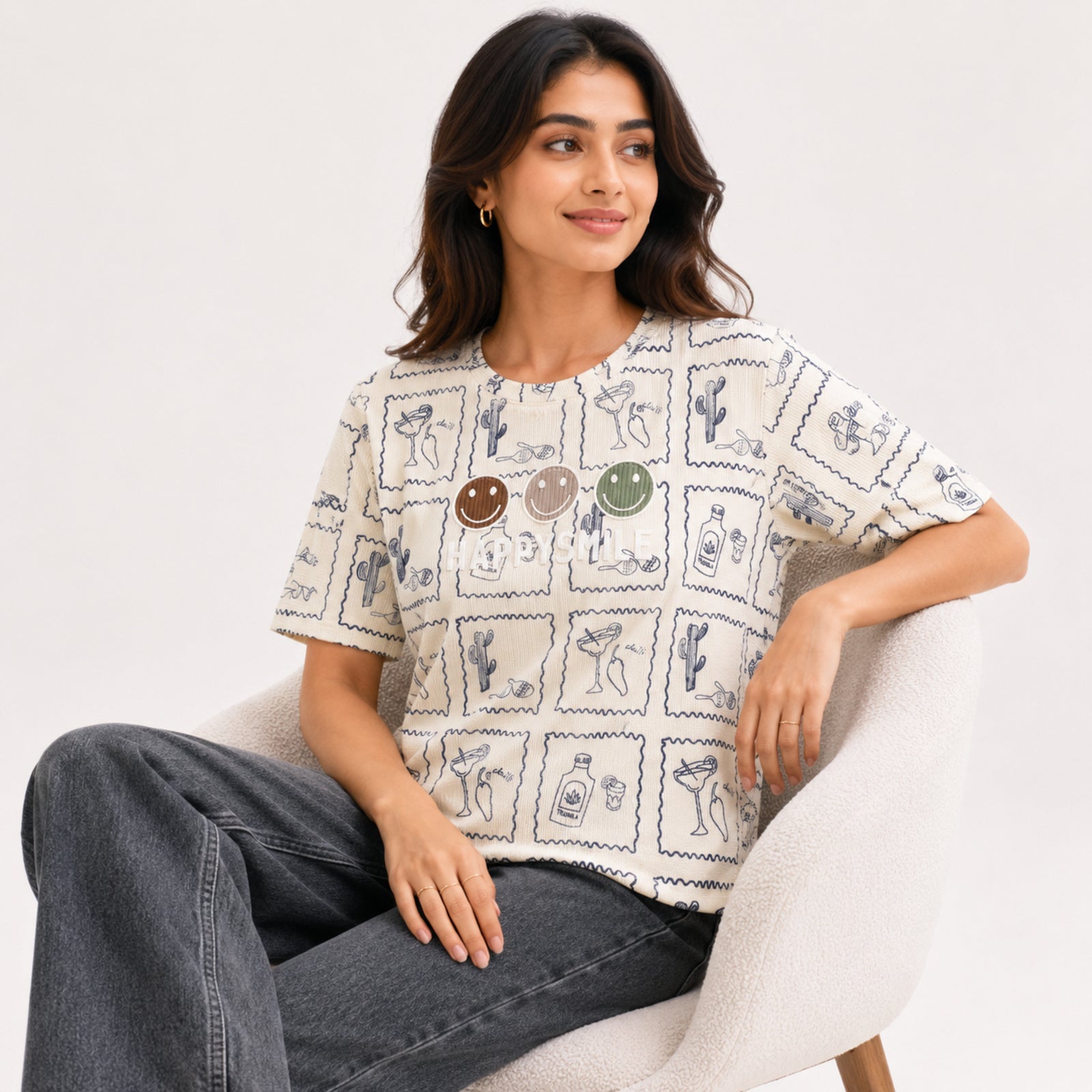 Women's Cream Graphic Printed Cotton Blend Casual T-Shirt | Trendy Smiley & Sketch Print Everyday Top-2