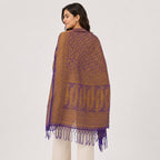 Women's Luxury Jacquard Golden Silk Stole with Purple Border and Tassel Fringe-4
