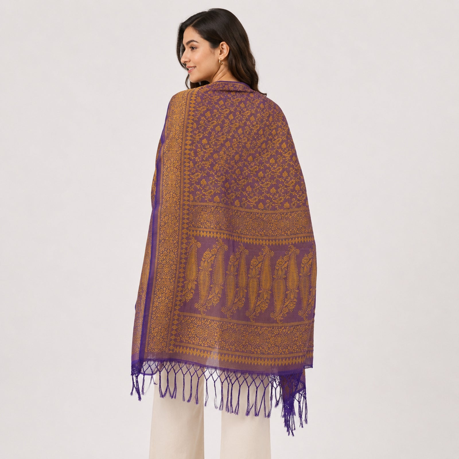 Women's Luxury Jacquard Golden Silk Stole with Purple Border and Tassel Fringe-4