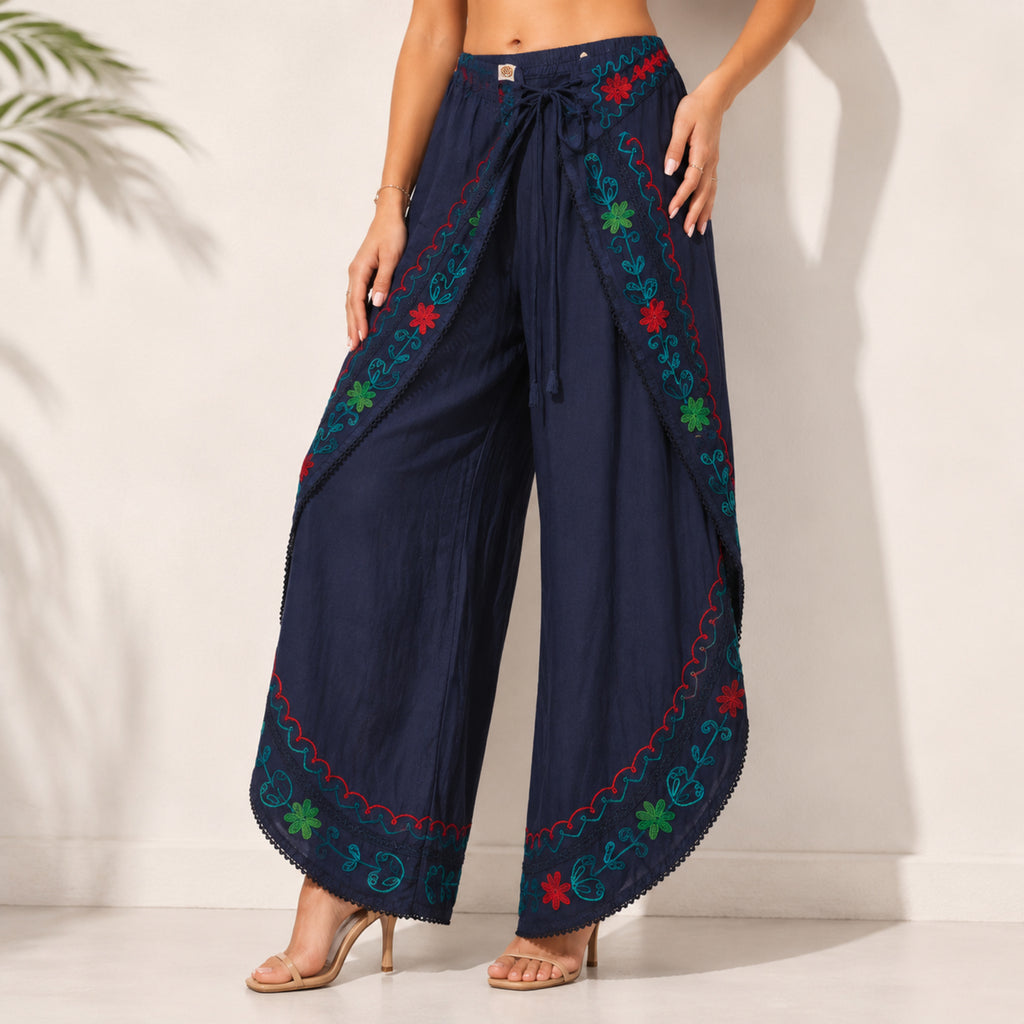 Women's Bohemian Navy Blue Embroidered Wrap palazzo Trousers-2