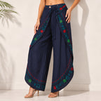 Women's Bohemian Navy Blue Embroidered Wrap palazzo Trousers-2