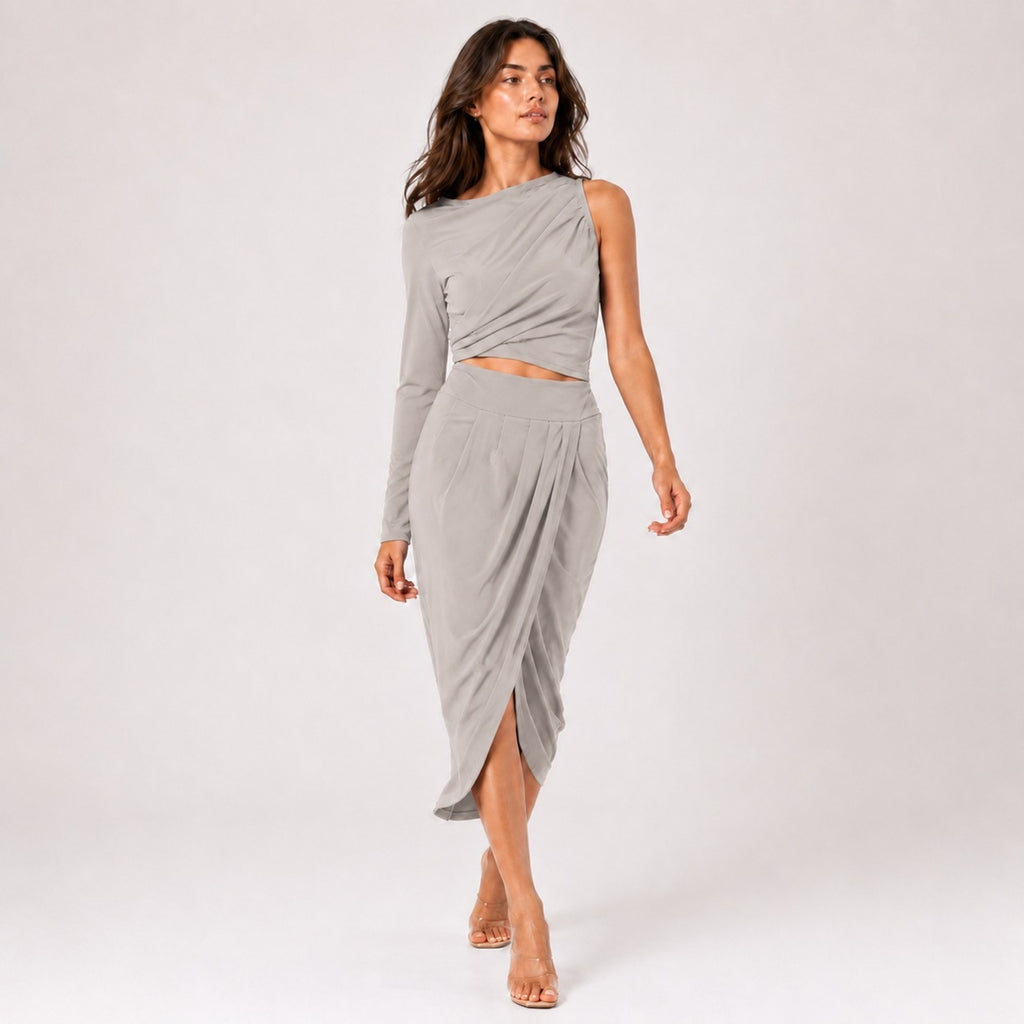 Women's Peach One-Shoulder Draped Crop Top & Tulip Midi Skirt Co-Ord Set-1