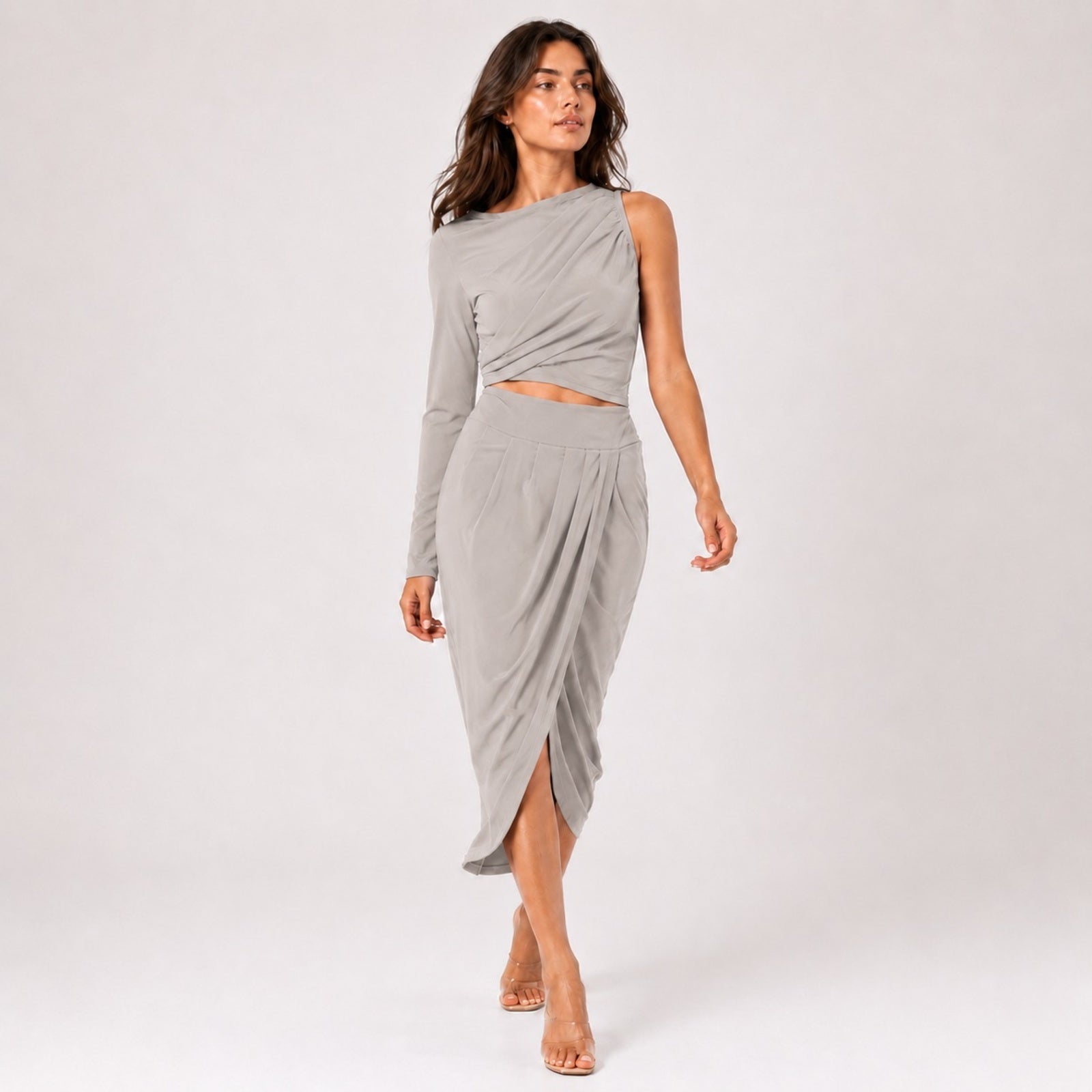 Women's Peach One-Shoulder Draped Crop Top & Tulip Midi Skirt Co-Ord Set-1