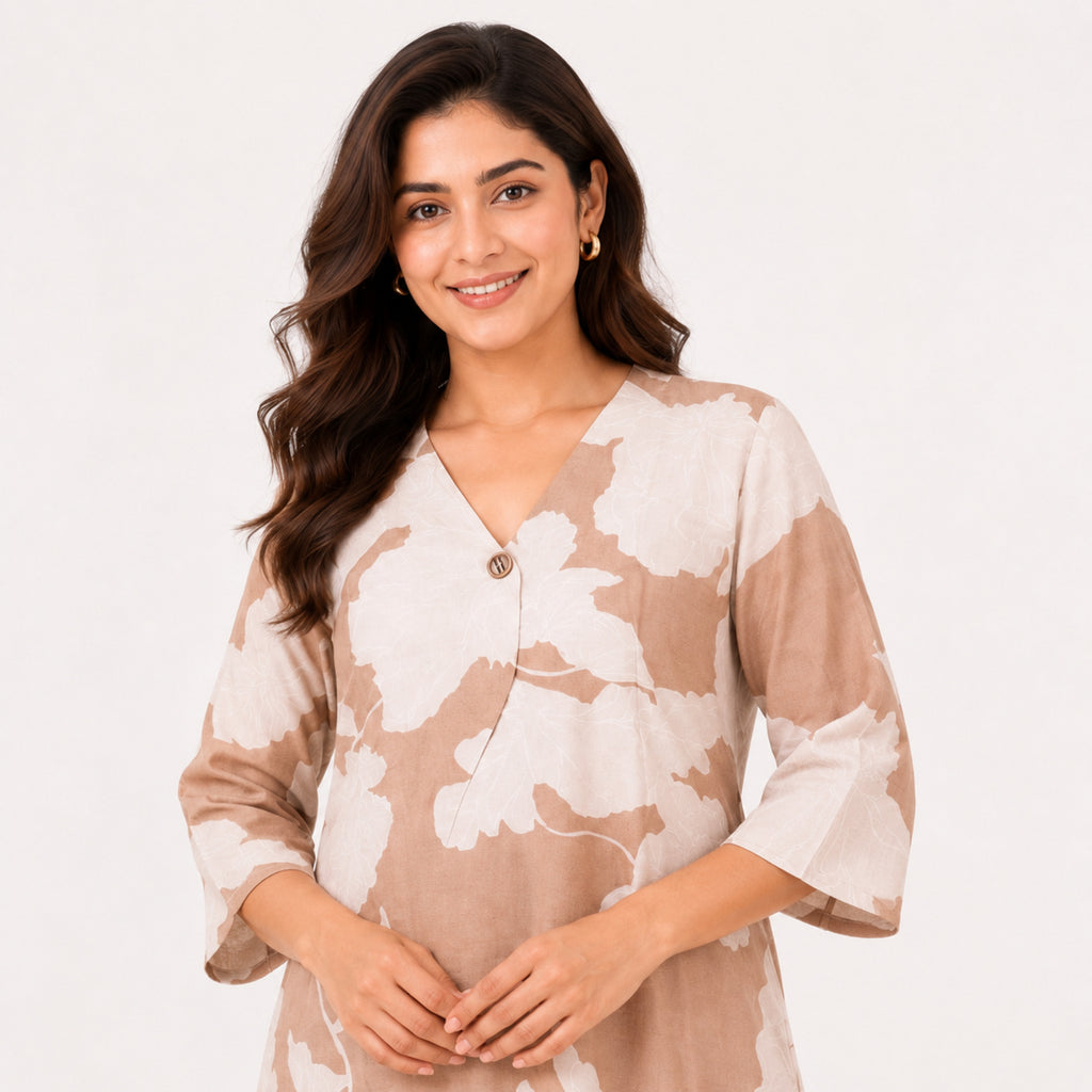 Women's Light Brown Leaf Print V-Neck Three-Quarter Sleeve A-Line Dress | Relaxed Casual Day Dress-3