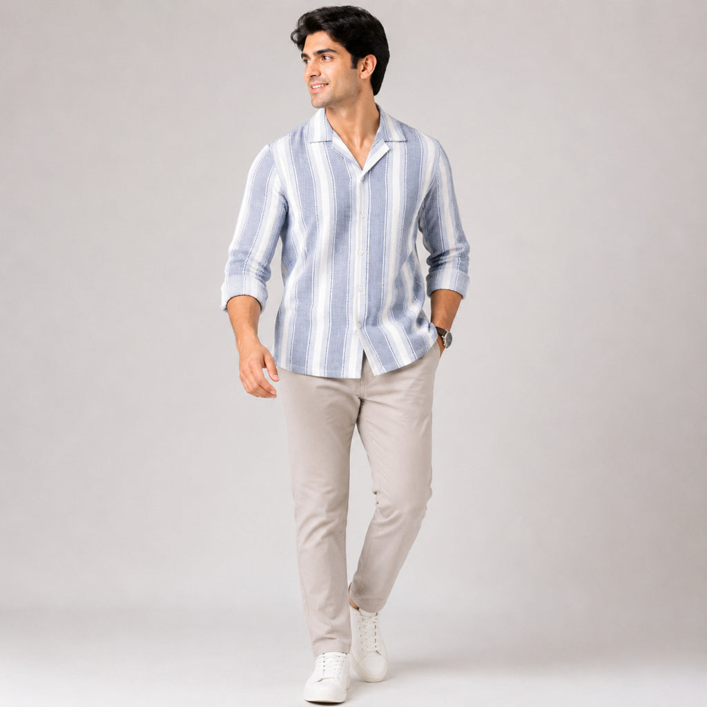 Men's White & Green Striped Full Sleeve Casual Shirt-2
