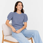 Women's Blue Textured Puff Sleeve Top | Elegant Casual Knit T-Shirt-2