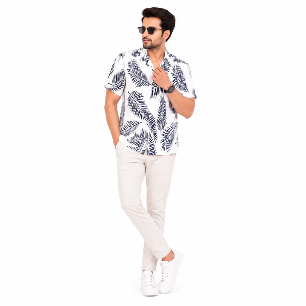 Men's Tropical Leaf Print Resort Shirt-4