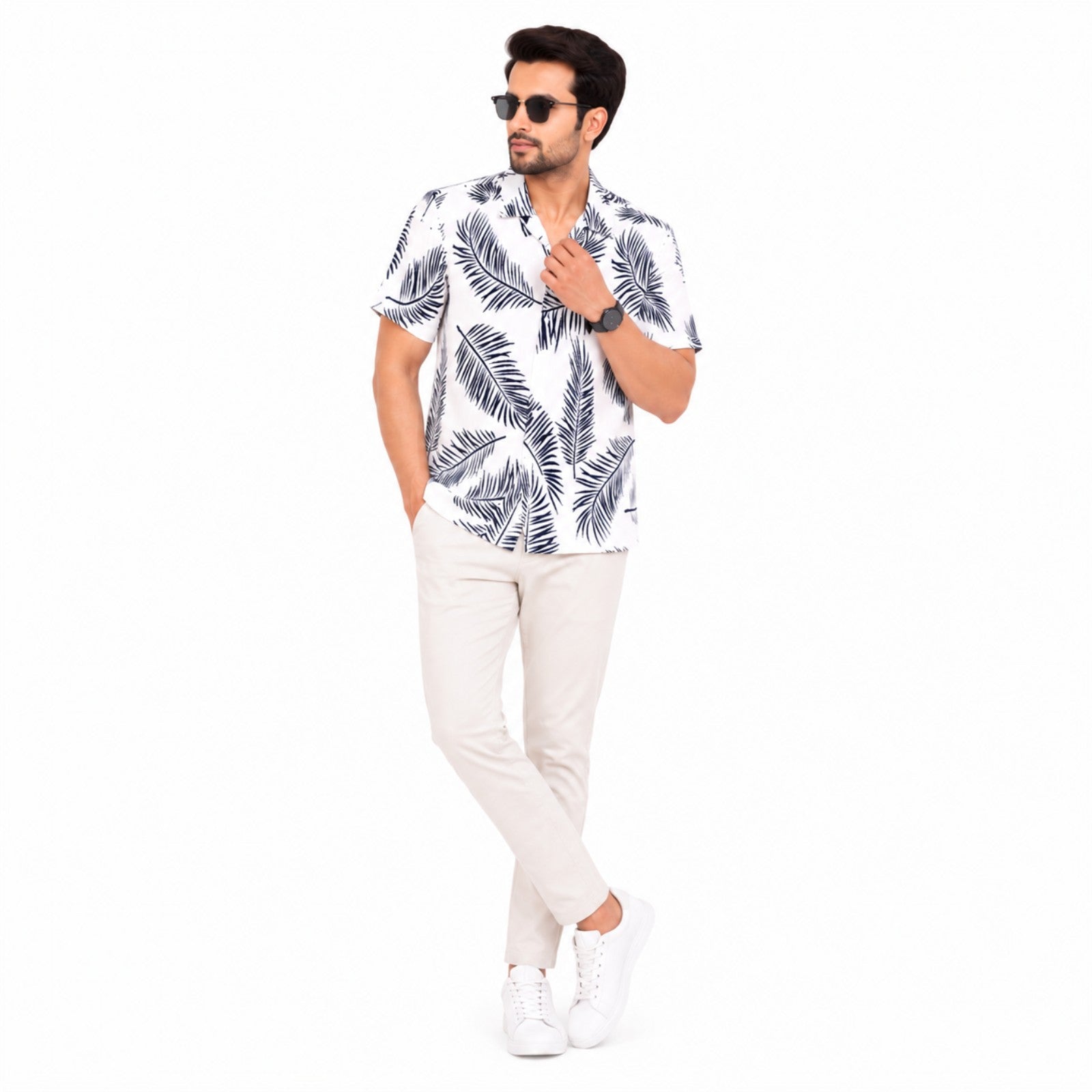 Men's Tropical Leaf Print Resort Shirt-4
