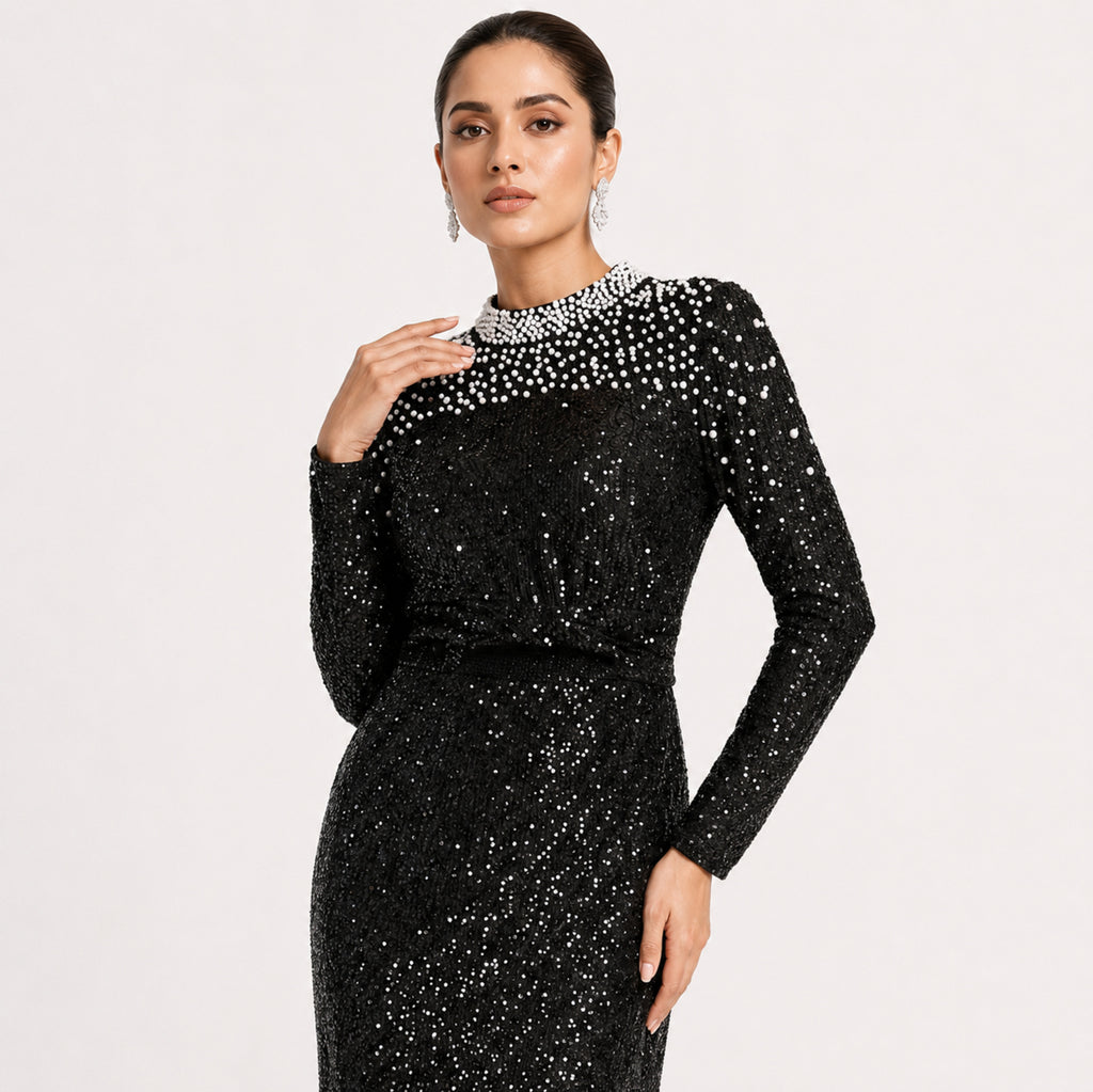 Women's Black Embellished High-Neck Sequin Maxi Dress | Elegant Evening Party Gown-3