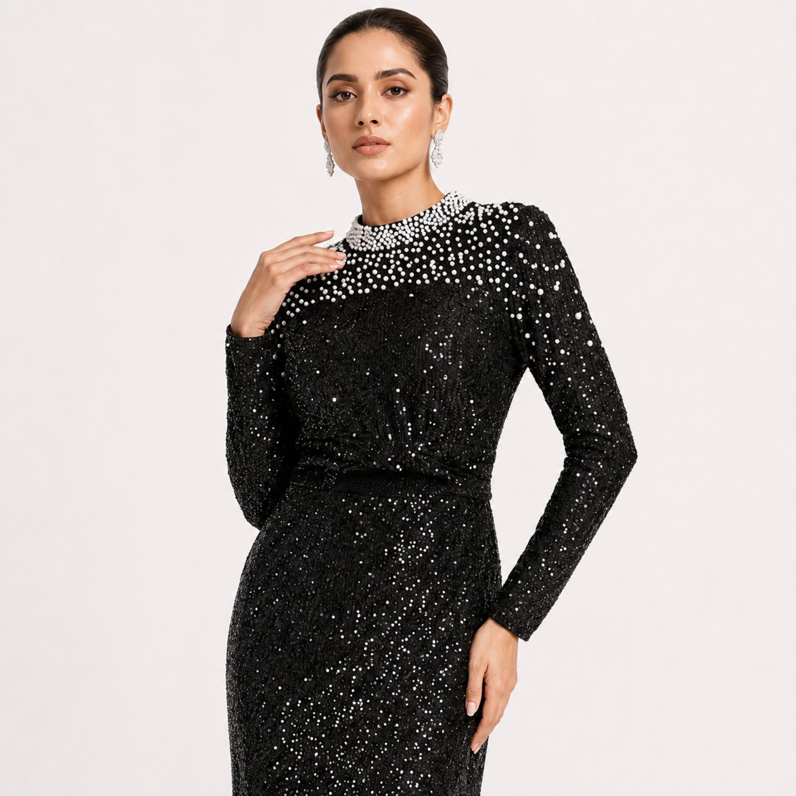 Women's Black Embellished High-Neck Sequin Maxi Dress | Elegant Evening Party Gown-3