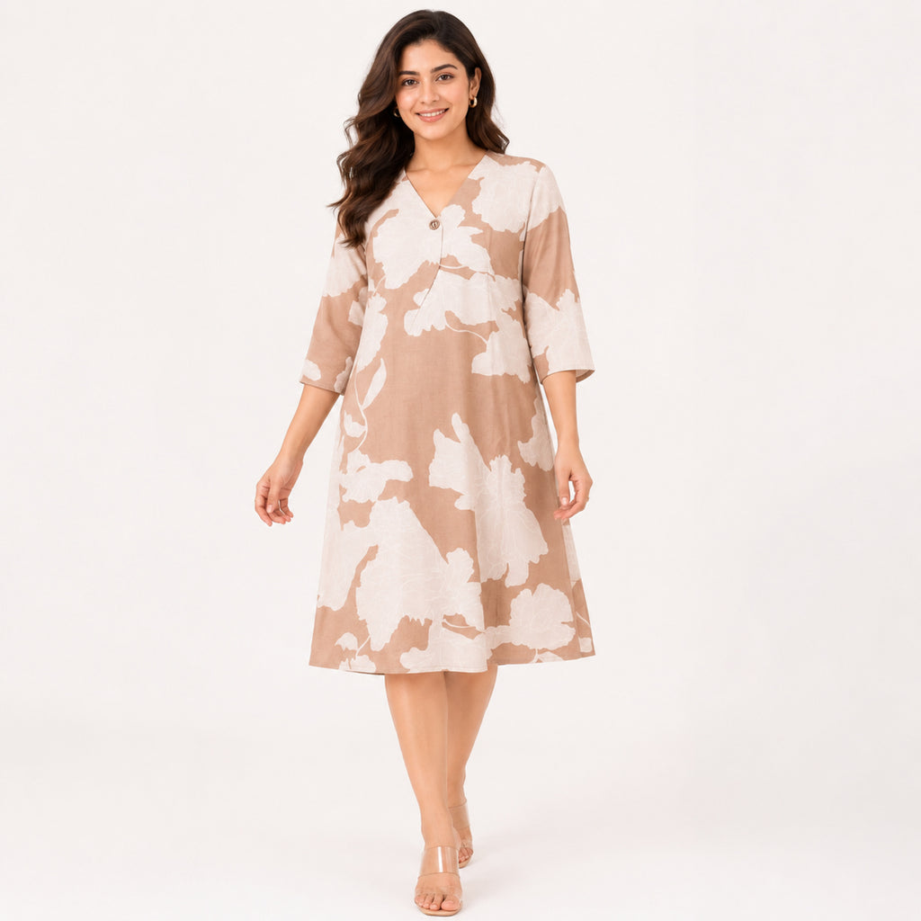 Women's Light Brown Leaf Print V-Neck Three-Quarter Sleeve A-Line Dress | Relaxed Casual Day Dress-1