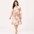 Women's Light Brown Leaf Print V-Neck Three-Quarter Sleeve A-Line Dress | Relaxed Casual Day Dress-1