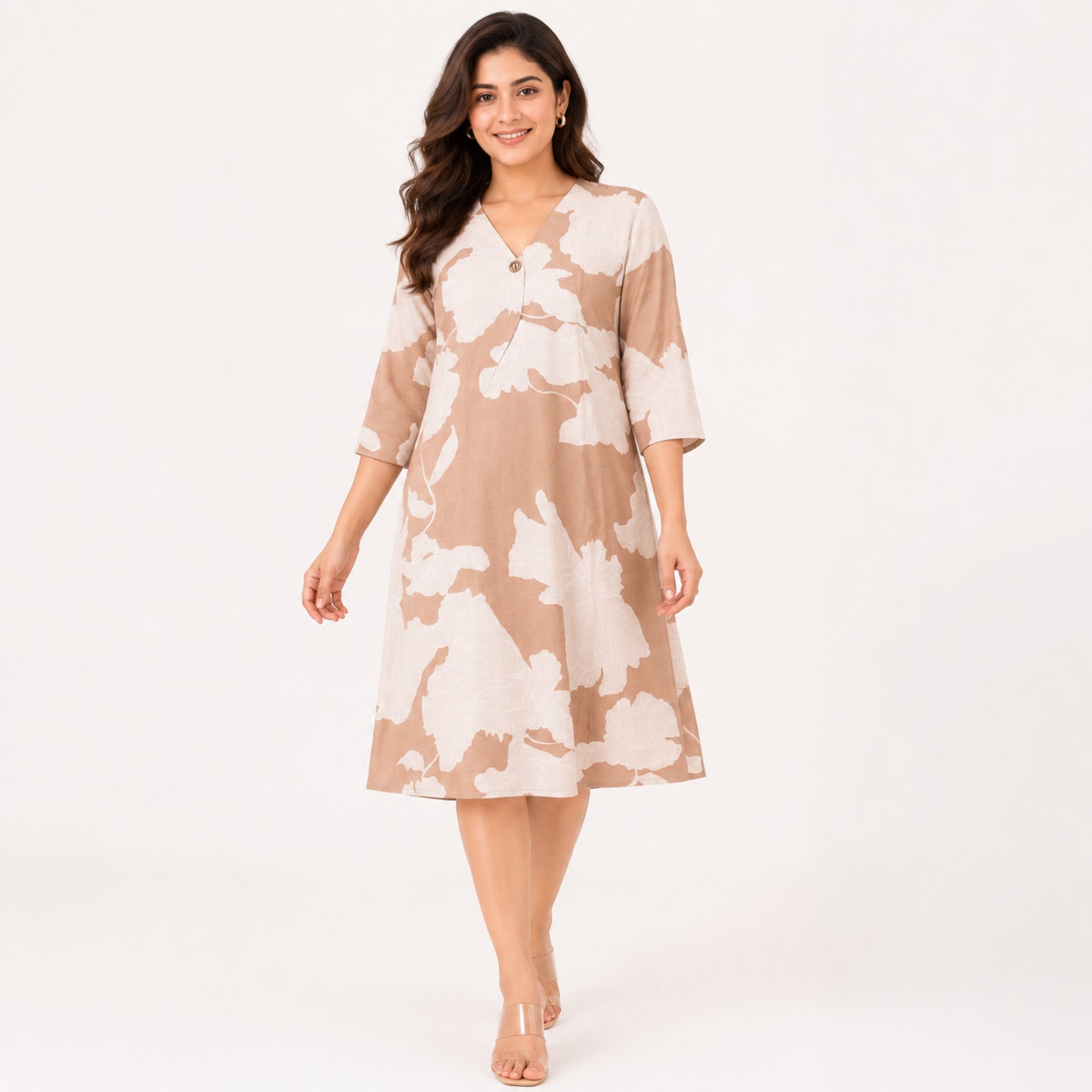 Women's Light Brown Leaf Print V-Neck Three-Quarter Sleeve A-Line Dress | Relaxed Casual Day Dress-1