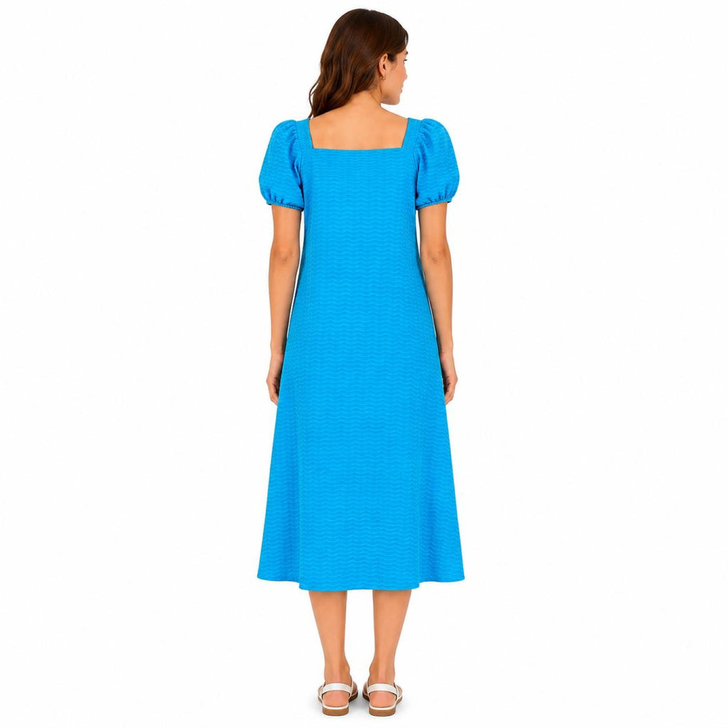 Women's Blue Textured Square Neck Puff Sleeve Midi Dress-1