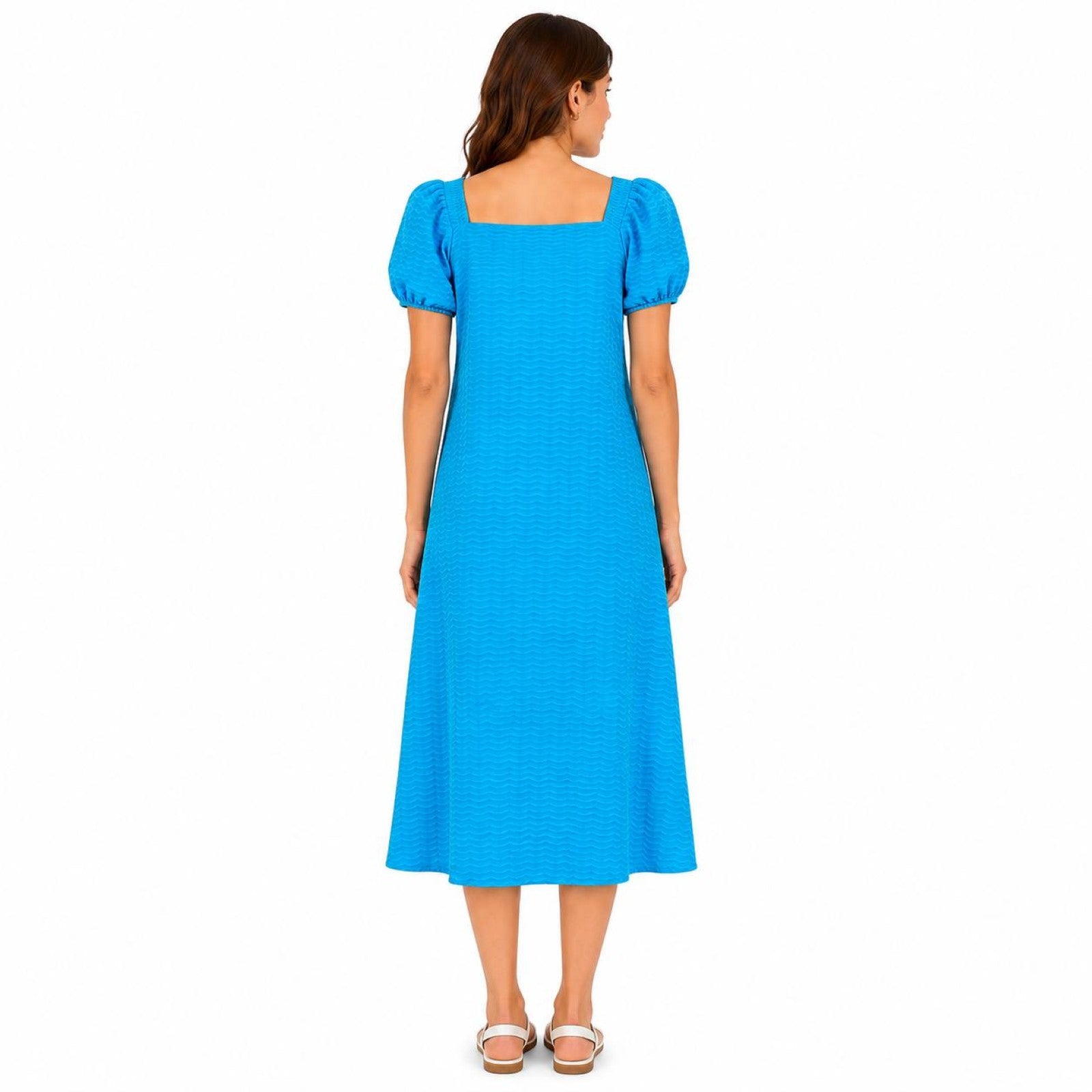 Women's Blue Textured Square Neck Puff Sleeve Midi Dress-1
