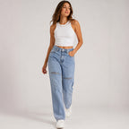 Women's Light Wash Distressed Straight Fit Jeans-3