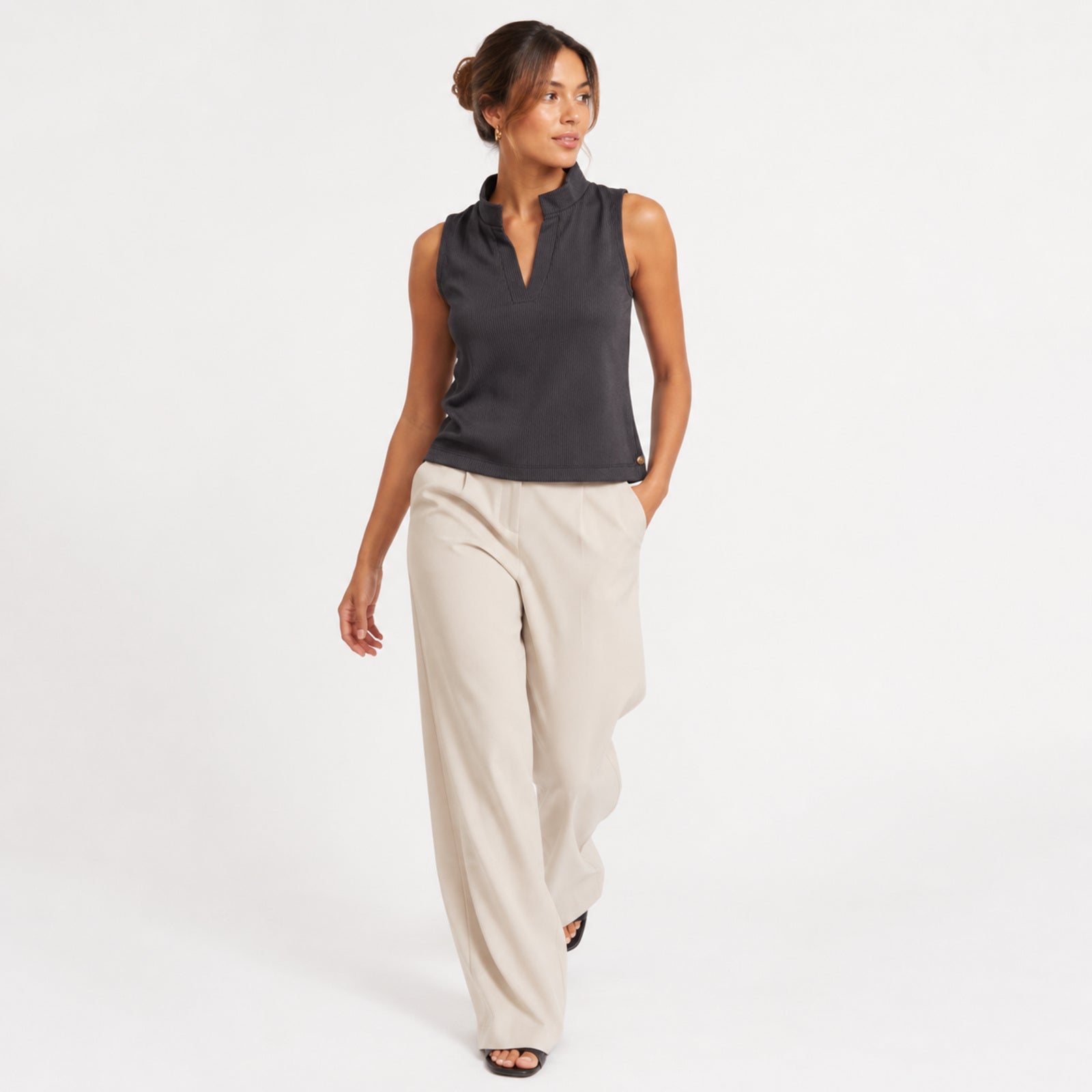 Women's Black Ribbed Sleeveless Crop Top-3