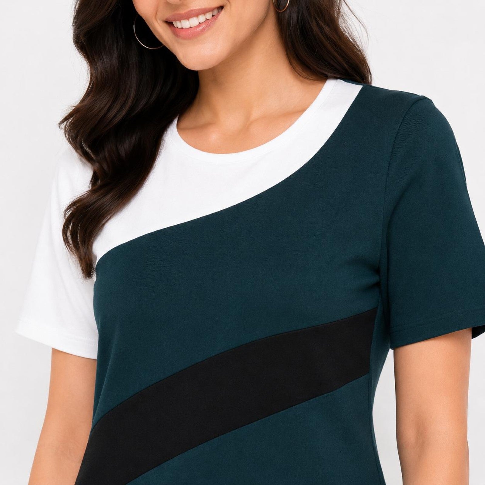 Women's Green Abstract Color Block Round Neck A-Line Midi Dress-4